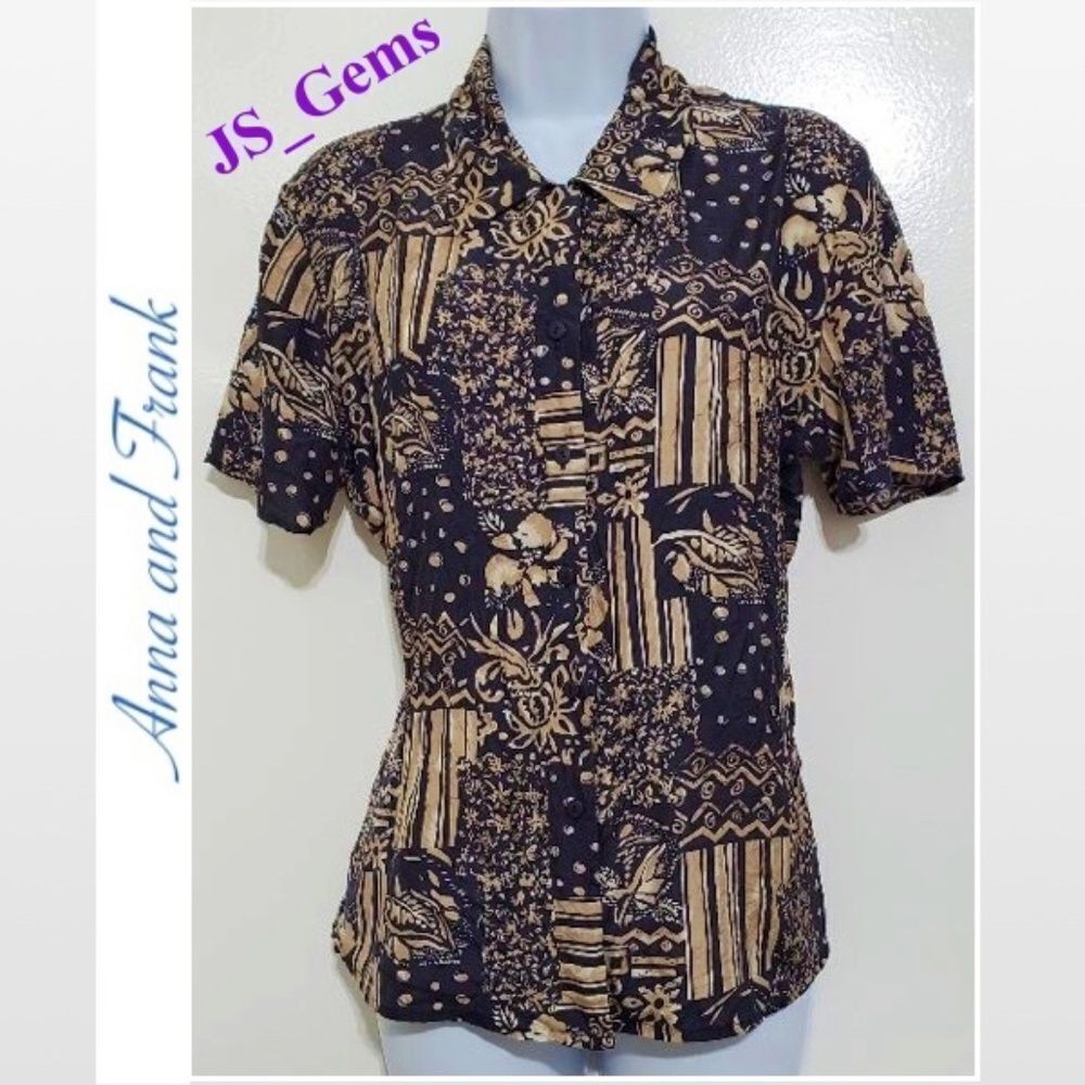 Vintage Casual Button Down Silk Blue & Tan Top